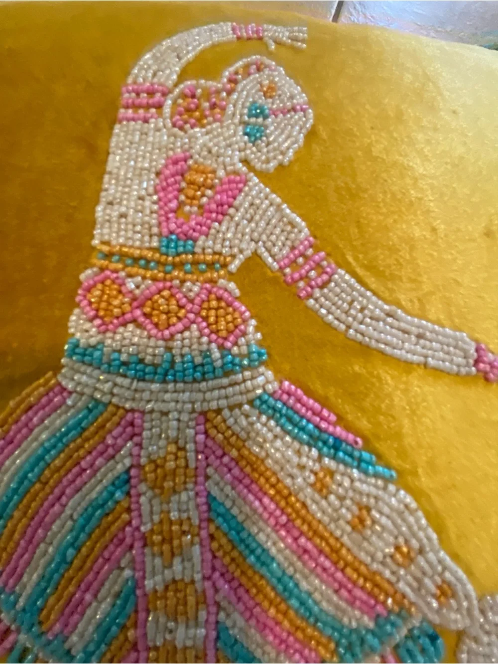Embroidered Dancer Velvet Throw Pillow in Mustard Yellow with Teal Ruffle